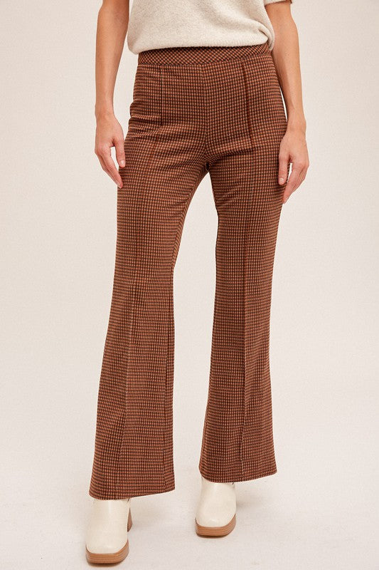 CUTE CHECK PRINT KNIT JACQUARD SIDE ZIP FLARE PANTS