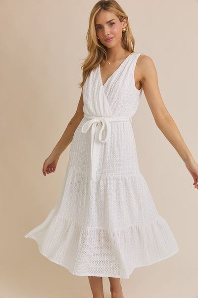 SURPLICE SLEEVELESS WAIST TIE EYELET MIDI DRESS