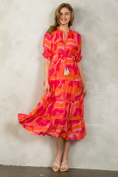 TWIRL WORTHY SMOCKED WAIST TIERED PRINT DRESS