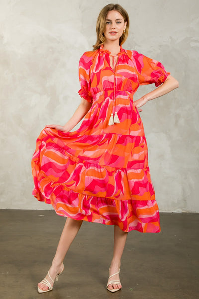 TWIRL WORTHY SMOCKED WAIST TIERED PRINT DRESS