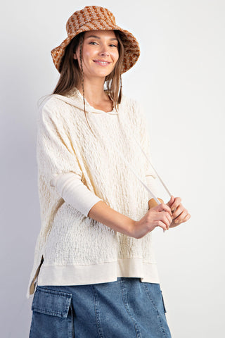 COMFY TEXTURED KNIT 3/4 SLEEVE HOODIE PULLOVER