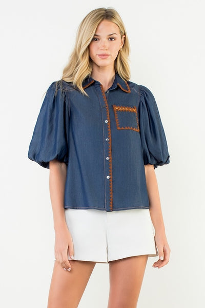 DECORATIVE TRIM PUFF SLEEVE DENIM BUTTON UP TOP