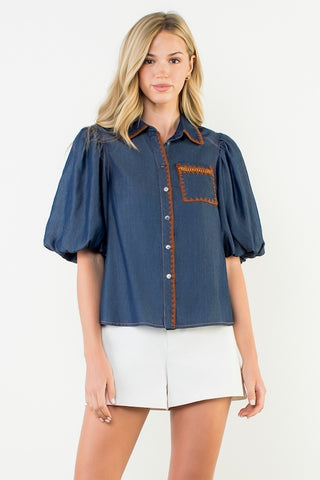 DECORATIVE TRIM PUFF SLEEVE DENIM BUTTON UP TOP