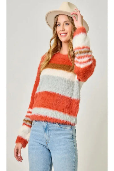 SOFT, PLAYFUL AND STYLISH COLOR BLOCKED STRIPE SWEATER