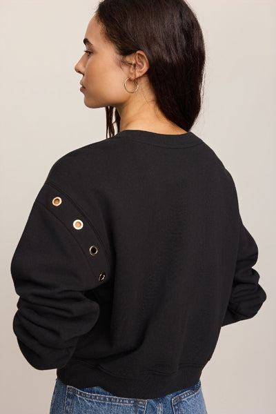 Z Supply grommet sweatshirt, grommet detail sweatshirt women, black French terry sweatshirt, 100% cotton sweatshirt, Z Supply Axel sweatshirt, crew neck sweatshirt women, hardware detail sweatshirt, cropped sweatshirt black,