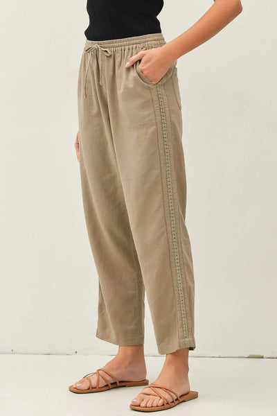 crochet detail linen pants
tapered linen pants women
crochet lace trim pants
linen pants with pockets
drawstring linen pants