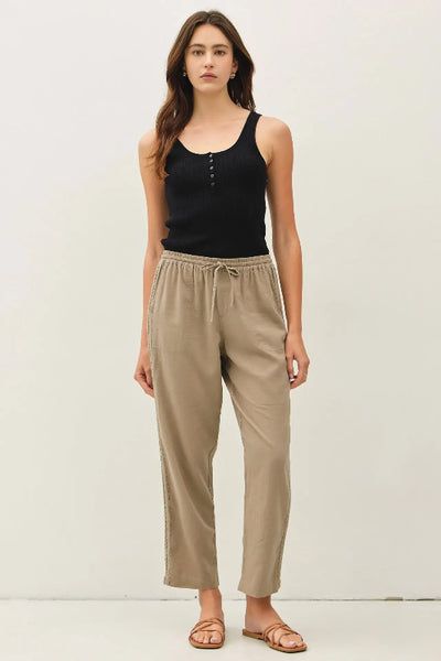 crochet detail linen pants
tapered linen pants women
crochet lace trim pants
linen pants with pockets
drawstring linen pants