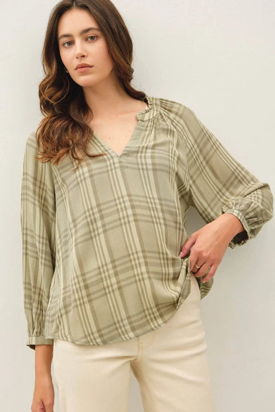 peasant blouse women, plaid peasant top, mono plaid blouse, flowy rayon blouse, puff sleeve blouse, ruffled neckline top, boho blouse, V-neck peasant top, Be Cool blouse, women's plaid top, mandarin collar blouse