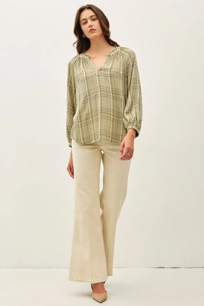 peasant blouse women, plaid peasant top, mono plaid blouse, flowy rayon blouse, puff sleeve blouse, ruffled neckline top, boho blouse, V-neck peasant top, Be Cool blouse, women's plaid top, mandarin collar blouse