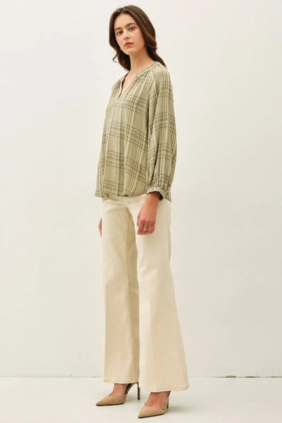 peasant blouse women, plaid peasant top, mono plaid blouse, flowy rayon blouse, puff sleeve blouse, ruffled neckline top, boho blouse, V-neck peasant top, Be Cool blouse, women's plaid top, mandarin collar blouse