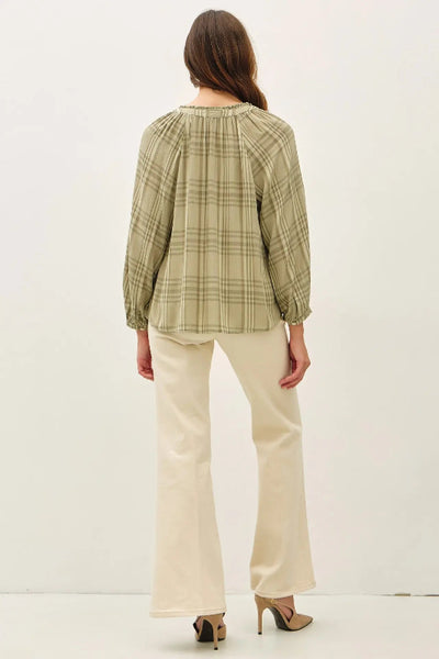peasant blouse women, plaid peasant top, mono plaid blouse, flowy rayon blouse, puff sleeve blouse, ruffled neckline top, boho blouse, V-neck peasant top, Be Cool blouse, women's plaid top, mandarin collar blouse