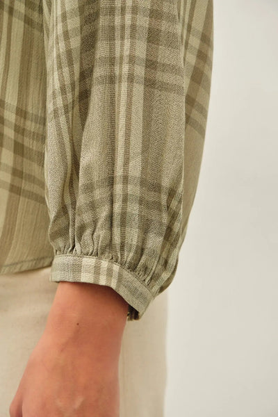 peasant blouse women, plaid peasant top, mono plaid blouse, flowy rayon blouse, puff sleeve blouse, ruffled neckline top, boho blouse, V-neck peasant top, Be Cool blouse, women's plaid top, mandarin collar blouse