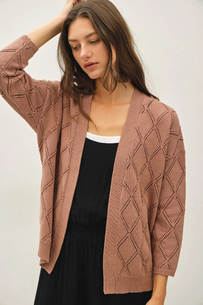 pointelle cardigan, open front cardigan women, crochet knit cardigan, diamond knit cardigan, cotton cardigan, drop shoulder cardigan, 3/4 sleeve cardigan, lightweight cardigan, women's cover up cardigan, loungewear cardigan, Be Cool cardigan