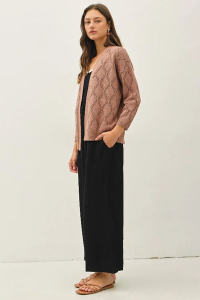 pointelle cardigan, open front cardigan women, crochet knit cardigan, diamond knit cardigan, cotton cardigan, drop shoulder cardigan, 3/4 sleeve cardigan, lightweight cardigan, women's cover up cardigan, loungewear cardigan, Be Cool cardigan