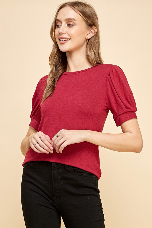 SOLID KNIT PUFF SLEEVE KNIT TOP