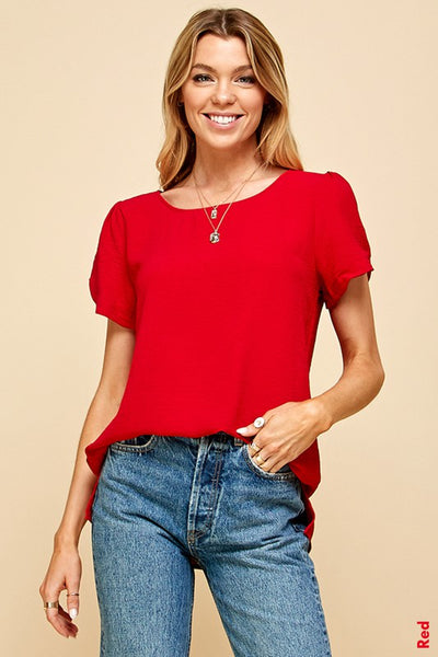 SOLID WOVEN TOP W/SLEEVE DETAIL