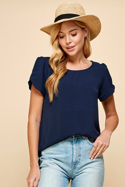 SOLID CRINKLE WOVEN TOP W/SLEEVE DETAIL