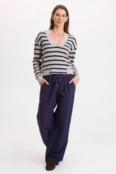 women’s striped V-neck sweater
light grey striped sweater
cotton blend V-neck sweater
women’s casual pullover sweater
dropped shoulder sweater
sporty women’s sweater
preshrunk cotton polyester sweater
striped knit pullover
women’s grey V-neck pullover
casual everyday sweater; WEARABLES; FONZ V NECK