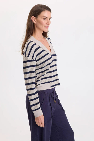 women’s striped V-neck sweater
light grey striped sweater
cotton blend V-neck sweater
women’s casual pullover sweater
dropped shoulder sweater
sporty women’s sweater
preshrunk cotton polyester sweater
striped knit pullover
women’s grey V-neck pullover
casual everyday sweater;WEARABLES; FONZ V NECK
