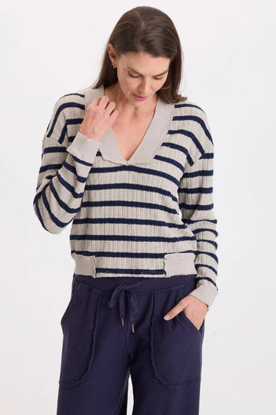 women’s striped V-neck sweater
light grey striped sweater
cotton blend V-neck sweater
women’s casual pullover sweater
dropped shoulder sweater
sporty women’s sweater
preshrunk cotton polyester sweater
striped knit pullover
women’s grey V-neck pullover
casual everyday sweater; WEARABLES; FONZ V NECK