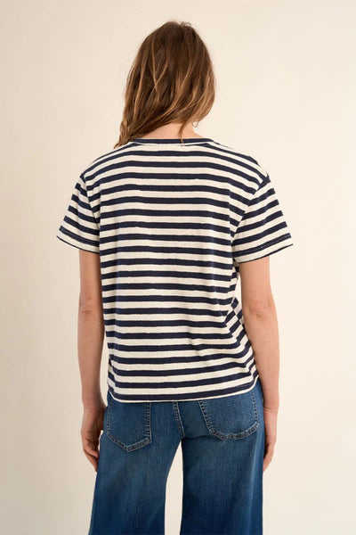 ADORABLE V-NECK STRIPE T-SHIRT WITH CHARMING HEART DETAIL