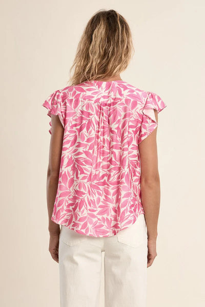 Pink magenta floral lightweight blouse with ruffled sleeves and V-neck, back view.