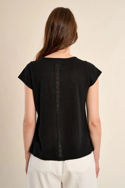Black openwork cotton blend t-shirt with short sleeves and round neckline.