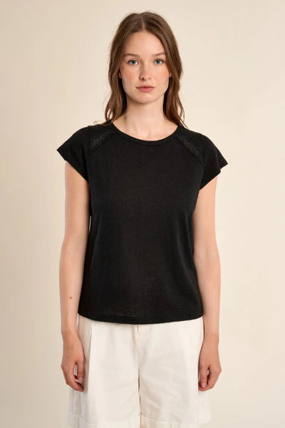Black openwork cotton blend t-shirt with short sleeves and round neckline.