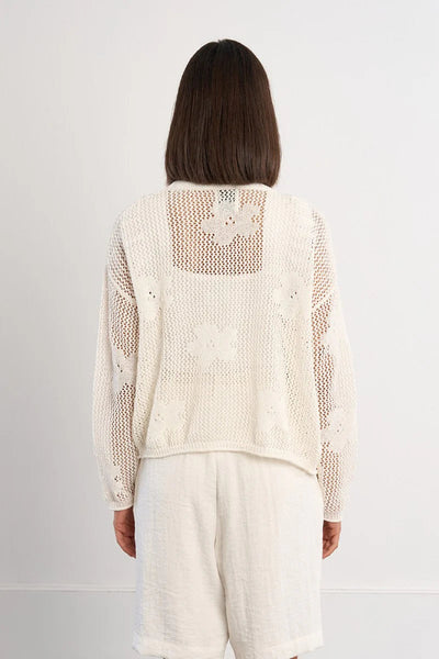 White fine knit open-front cardigan with floral openwork detail, long sleeves, and relaxed cropped fit, styled with cream linen shorts and a white tank — back view.