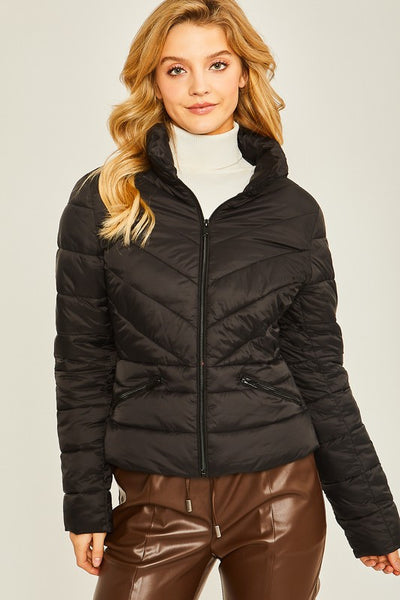 SOLID QUILTED ZIPPERED PUFFER JACKET
