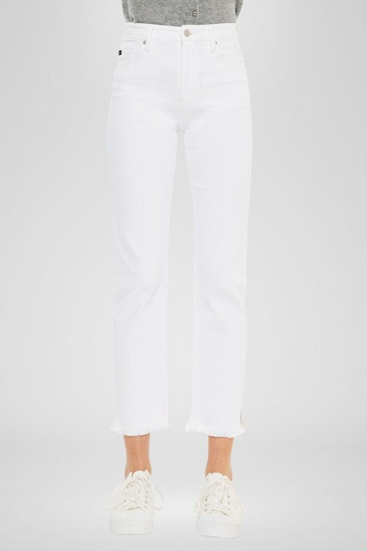 HIGH RISE SKINNY STRAIGHT WHITE DENIM W/FRAY HEM