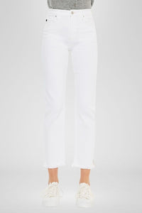 HIGH RISE SKINNY STRAIGHT WHITE DENIM W/FRAY HEM