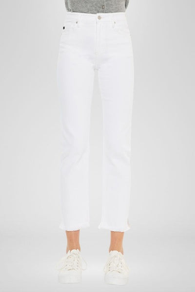 HIGH RISE SKINNY STRAIGHT WHITE DENIM W/FRAY HEM