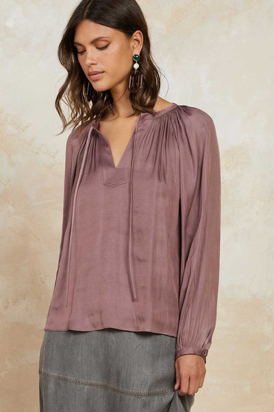 SOLID SPLIT NECK BUBBLE SLEEVE SILK BLOUSE
