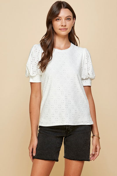 SWEET EYELET LINED PUFF SLEEVE KNIT TOP