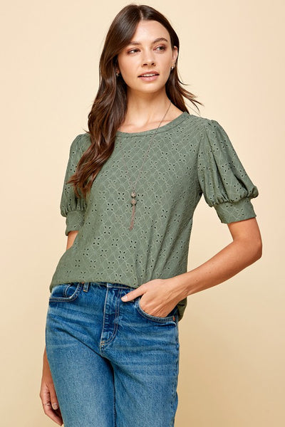 SOLID EYELET LINED PUFF SLEEVE KNIT TOP