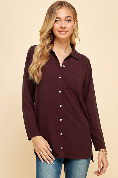 SOLID BUTTON DOWN SATIN LONG SLEEVE SHIRT
