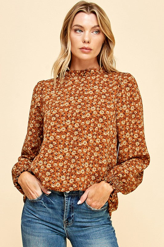 RUFFLE DETAILED FLORAL PRINT LONG SLEEVE TOP