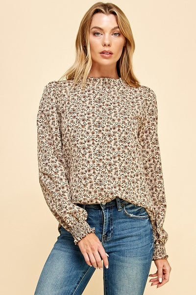 RUFFLE DETAILED FLORAL PRINT LONG SLEEVE TOP