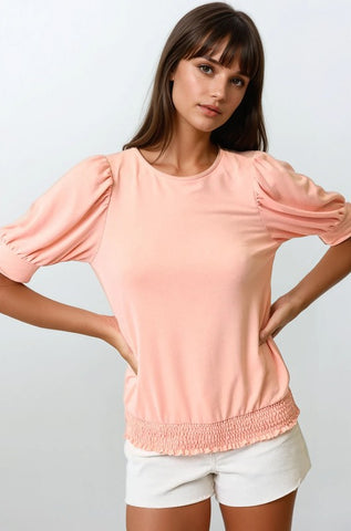 CUTE SOLID SMOCKED BOTTOM PUFF SLEEVE KNIT TOP
