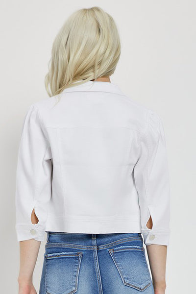 SHIRRING SLEEVE CROP WHITE DENIM JACKET