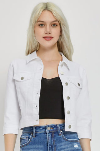 SHIRRING SLEEVE CROP WHITE DENIM JACKET