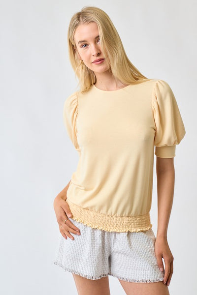 CUTE SOLID SMOCKED BOTTOM PUFF SLEEVE KNIT TOP