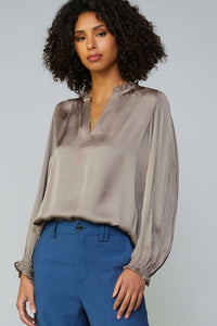 RUFFLED NECK SATIN BLOUSE W/TOP STITCHED PLACKET