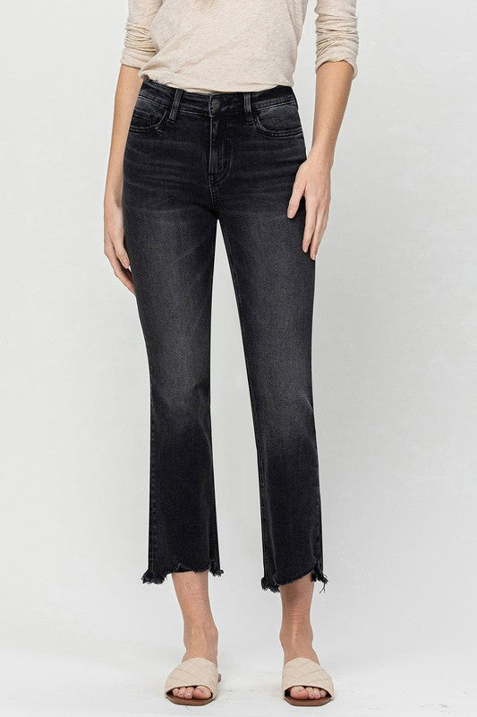 MID RISE DISTRESSED HEM BLACK WASH CROP FLARE JEANS