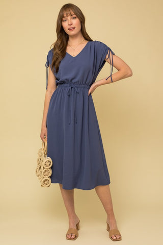 SOLID RUCHED SLEEVE V-NECK WOVEN MIDI DRESS