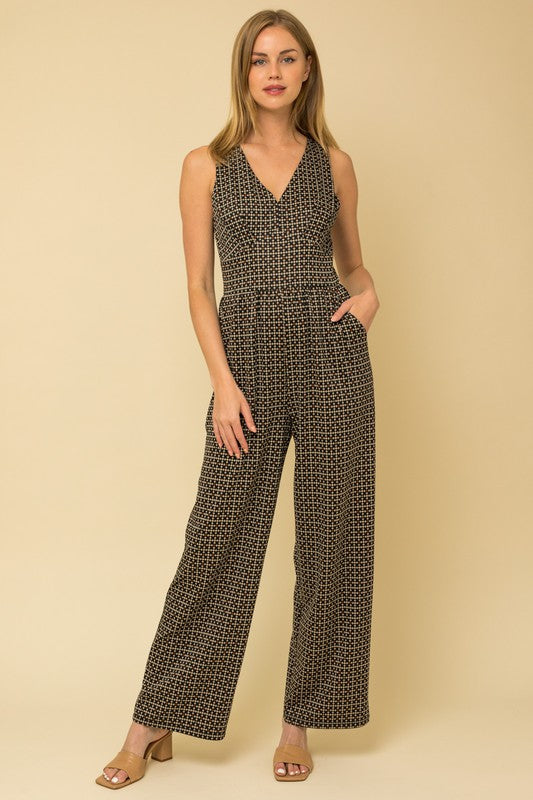 SMALL GEO PRINT SLEEVELESS V-NECK JUMPSUIT