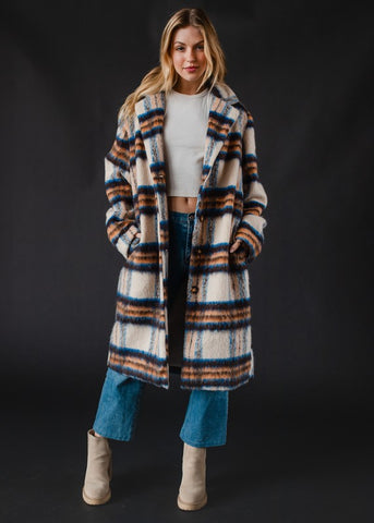 FUN SOFT PLAID HEAVY BUTTON DOWN MIDI COAT