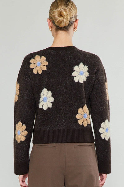 SOFT RETRO FLORAL PUFF MOTIF KNIT SWEATER