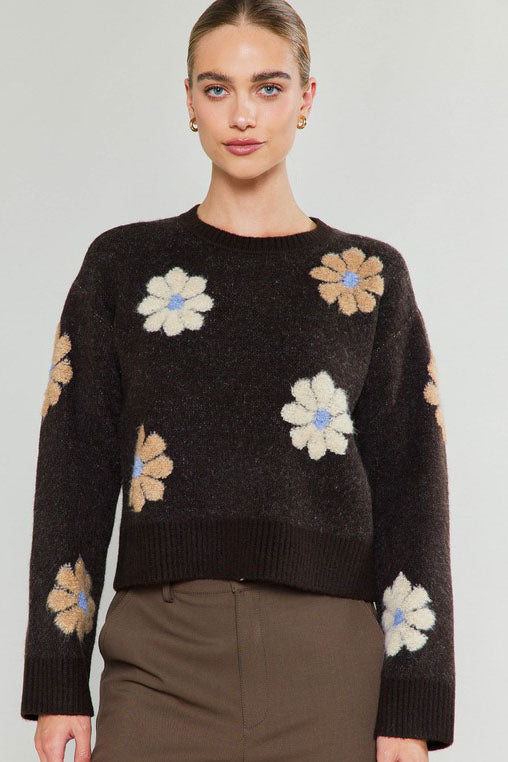 SOFT RETRO FLORAL PUFF MOTIF KNIT SWEATER